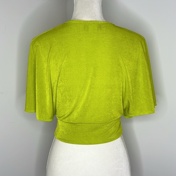 Y2K Objex Lime Green Slinky Faux Wrap Crop Top V Neck Dolman Sleeve Size M - Picture 6 of 10